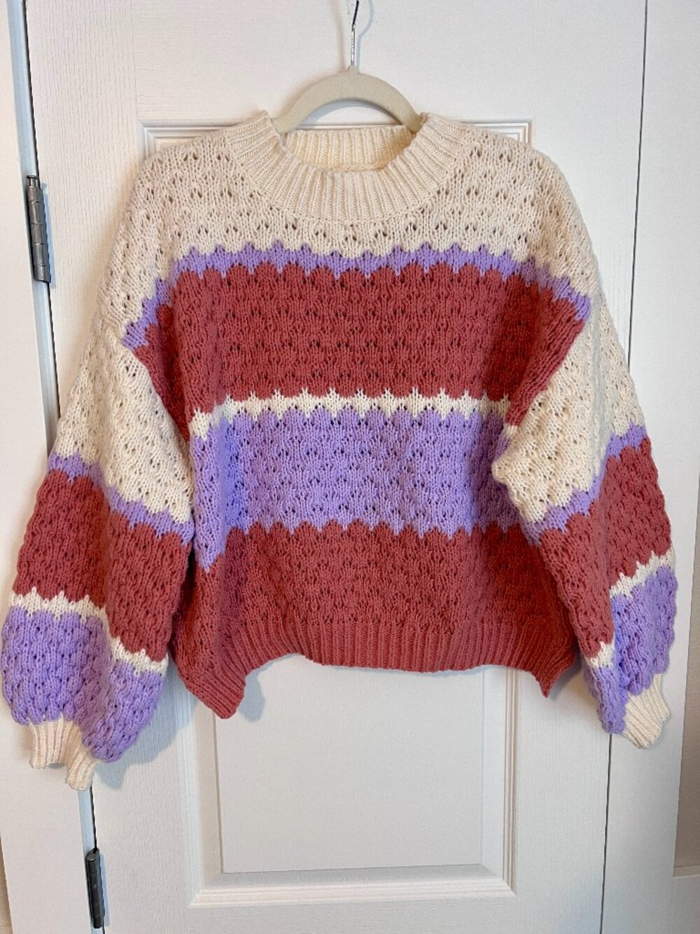 Striped Open-Knit Balloon Sleeve Crop Sweater - Size Med